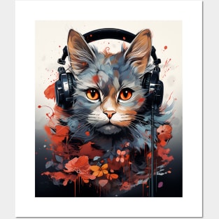 Cat Music Lovers- Music in Japanese Kanji Cat in Headphones Posters and Art